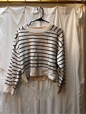 T Tahari Cream and Black Striped Cropped Crew Sweater